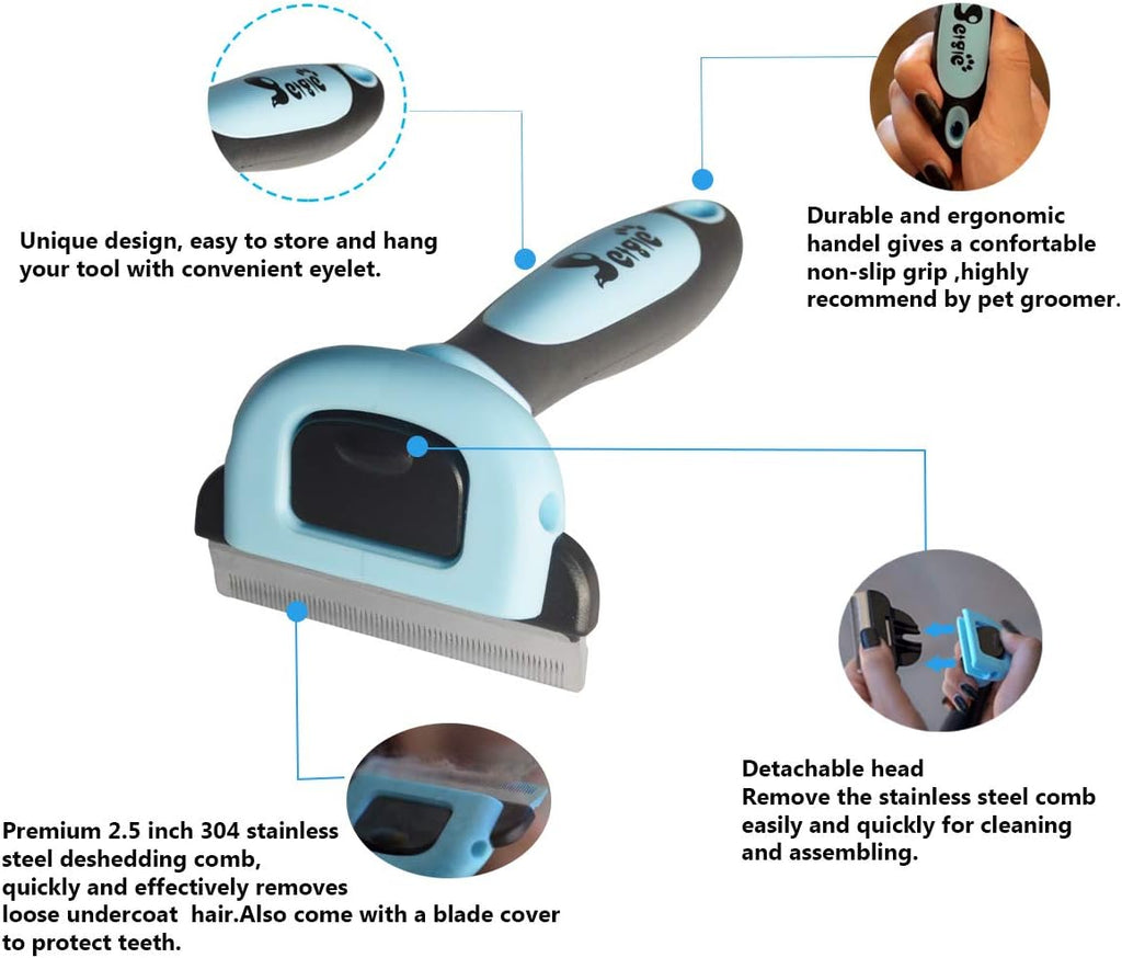 Side profile of blue Petgle cat grooming brush with ergonomic handle