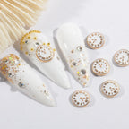 Qimyar 3D vintage clock nail studs front view featuring retro white alloy charms