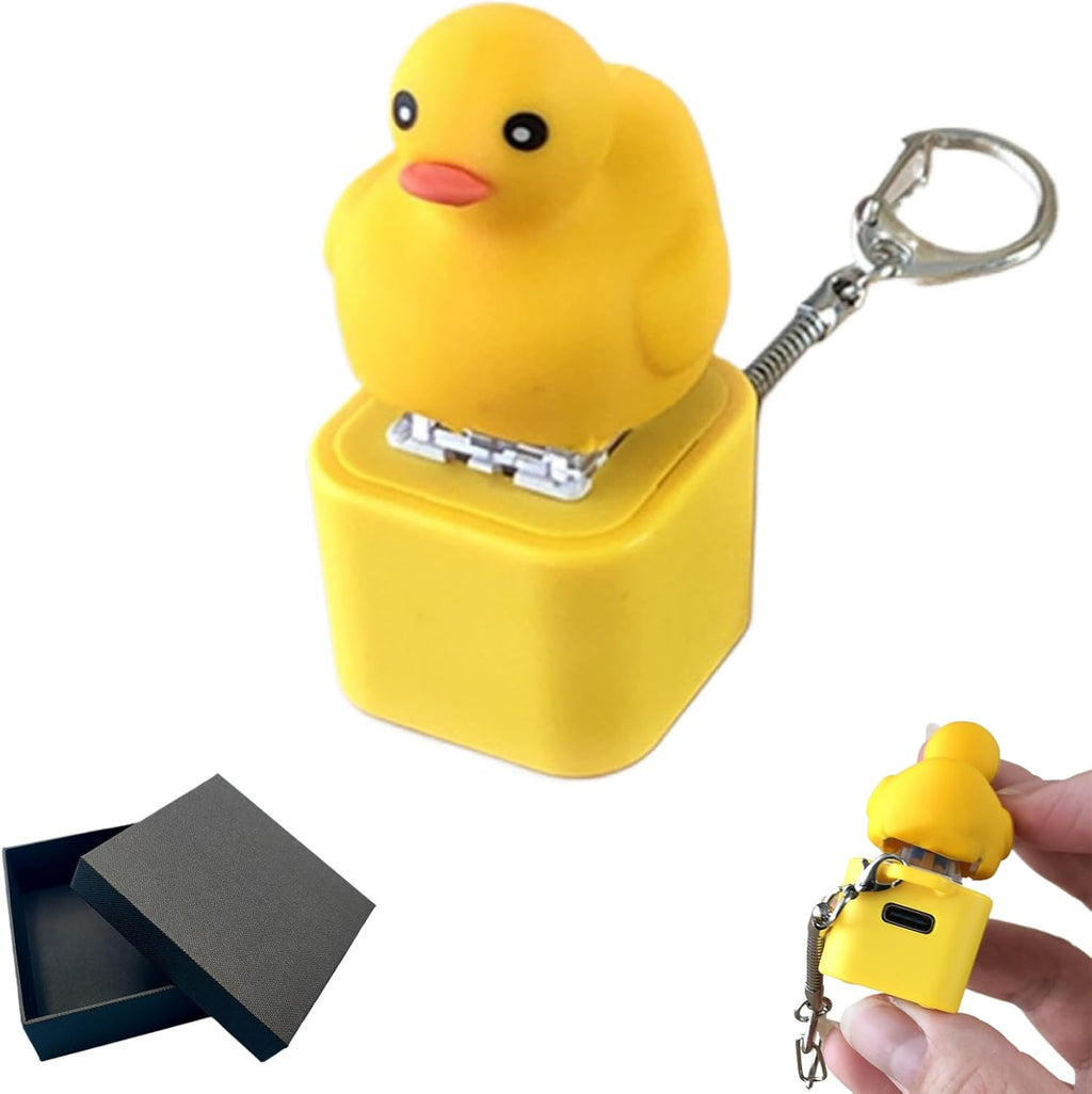 Generic duck quacking fidget toy keychain front view yellow mechanical clicker stress reliever.