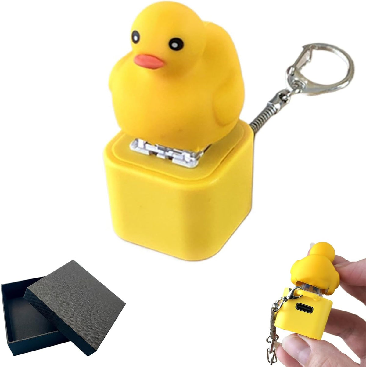 Generic duck quacking fidget toy keychain front view yellow mechanical clicker stress reliever.