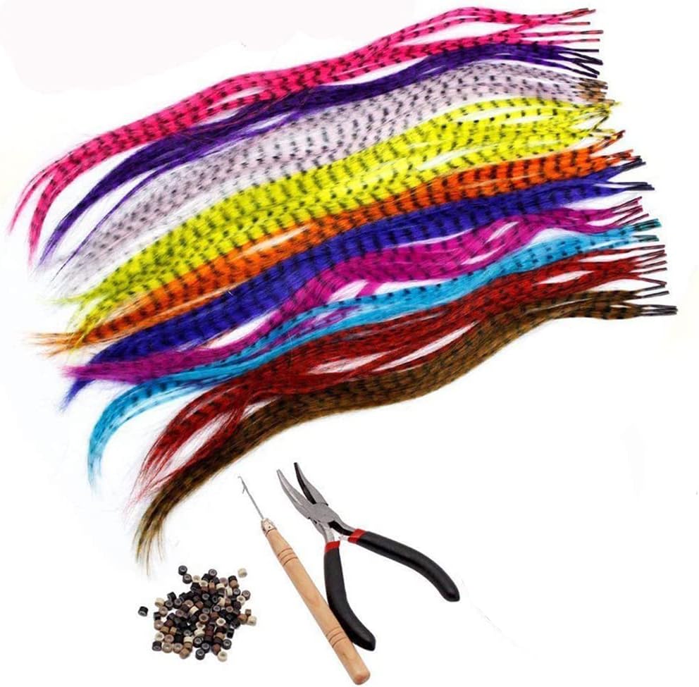 Soraka Hair feather extension kit with 50 synthetic pieces and tools front view