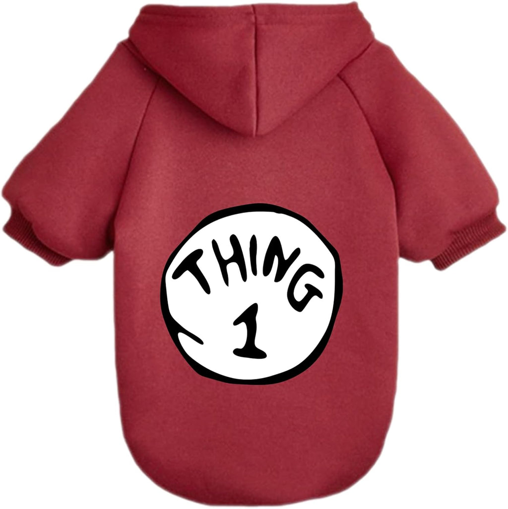 BAESHIP STUDIO Thing 1 printed dog hoodie front view wine red pet apparel