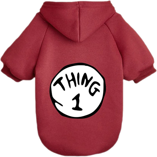 BAESHIP STUDIO Thing 1 printed dog hoodie front view wine red pet apparel