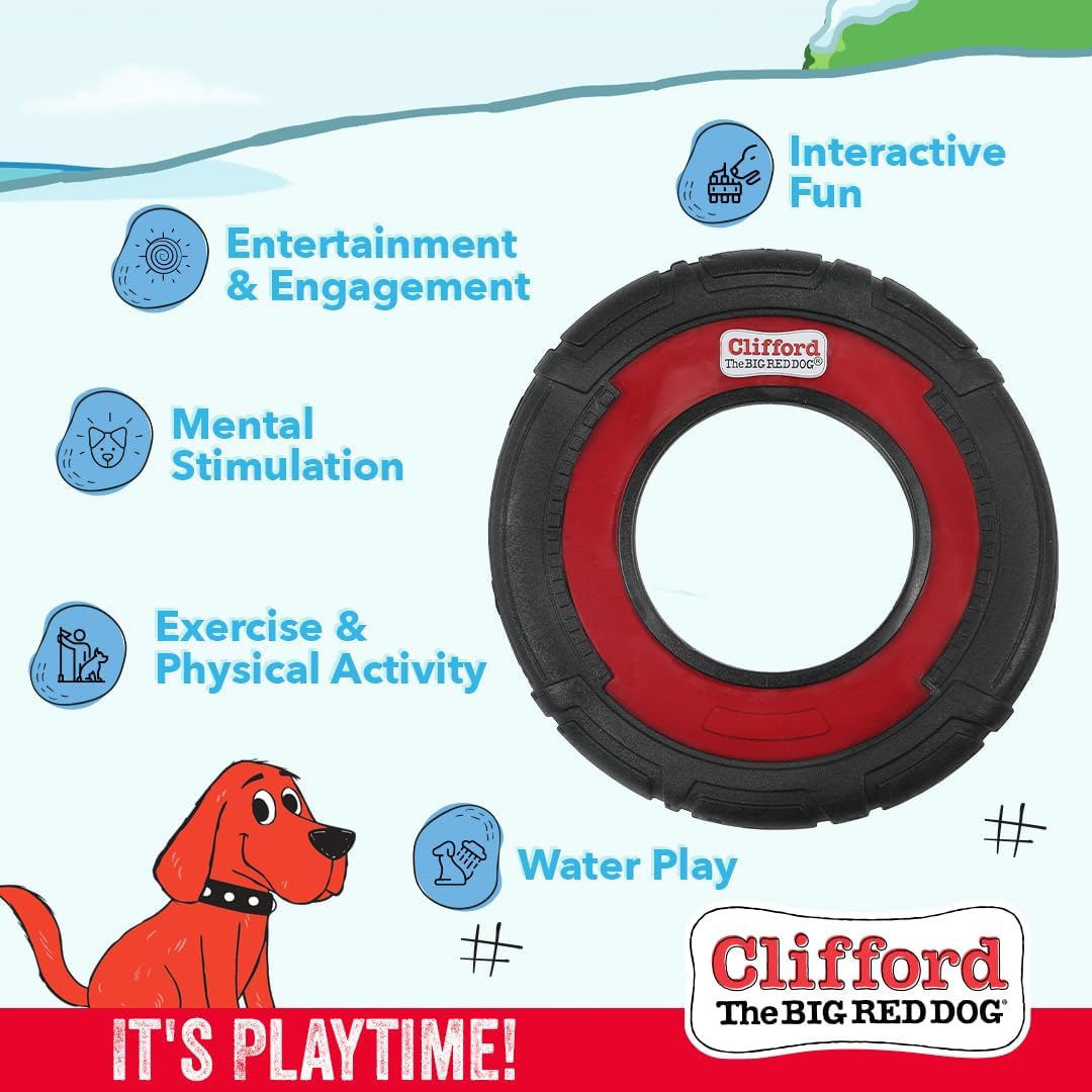 Dog fetching Clifford rubber frisbee outdoors