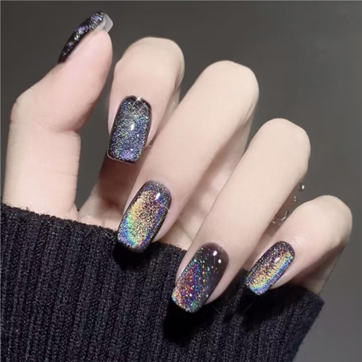 Evpct black chrome cat eye press on nails front view