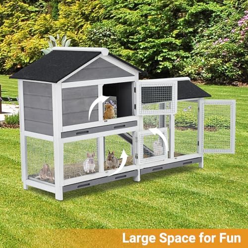 Garvee 63 in Bunny Hutch Indoor Bunny Cage, with 3 Leak-Proof Removable Trays, Wooden Waterproof Roof Rabbit Hutch Indoor/Outdoor, 2-Tier Bunny House/Chicken Coop, Gray and Black - Image 7