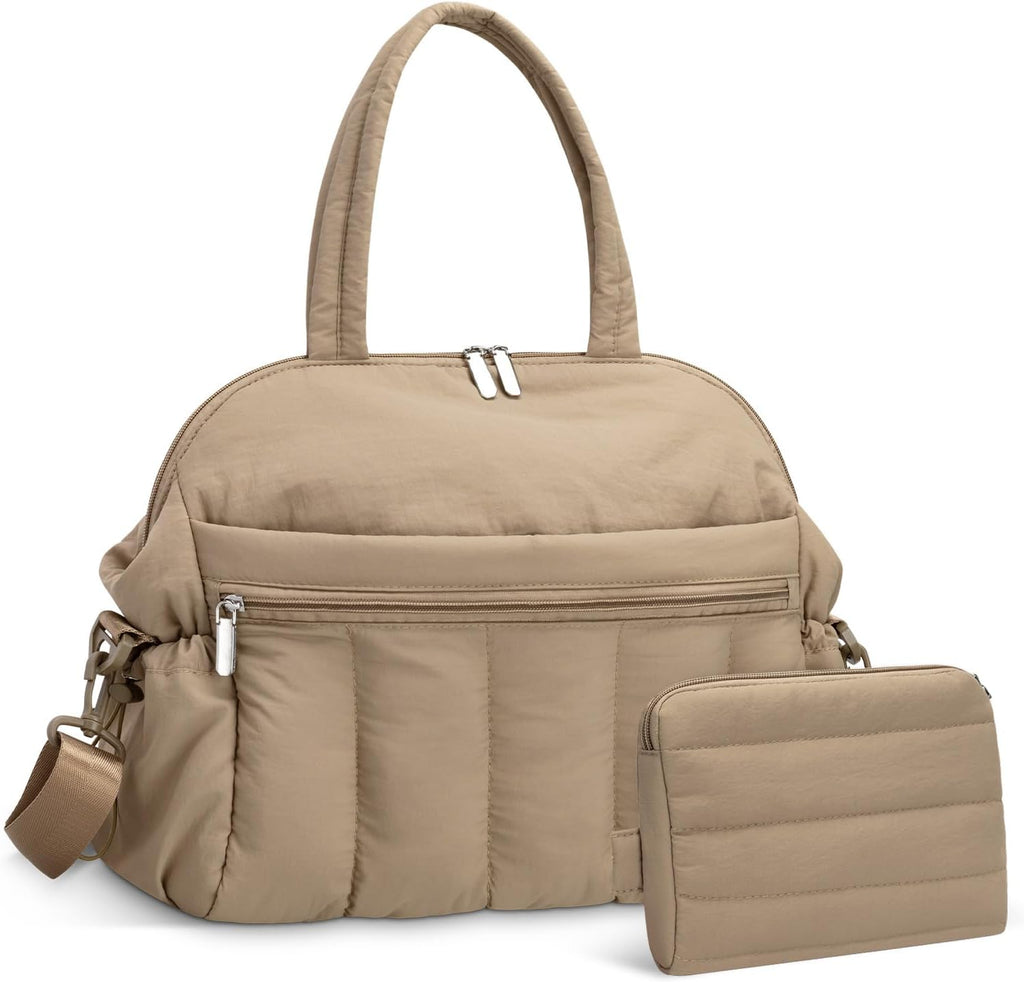 FullWoyi Puffer Diaper Tote Bag front view showcasing quilted khaki design