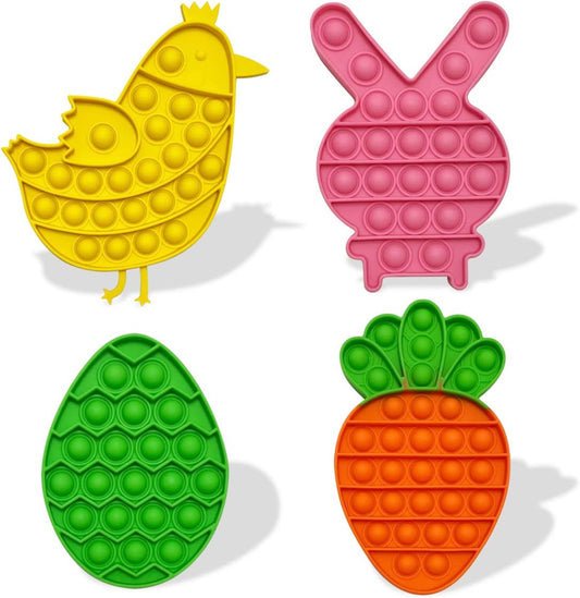 JoFAN 4 Pack Easter Fidget Sensory Pop Toys front view showing bunny carrot chick and egg shapes