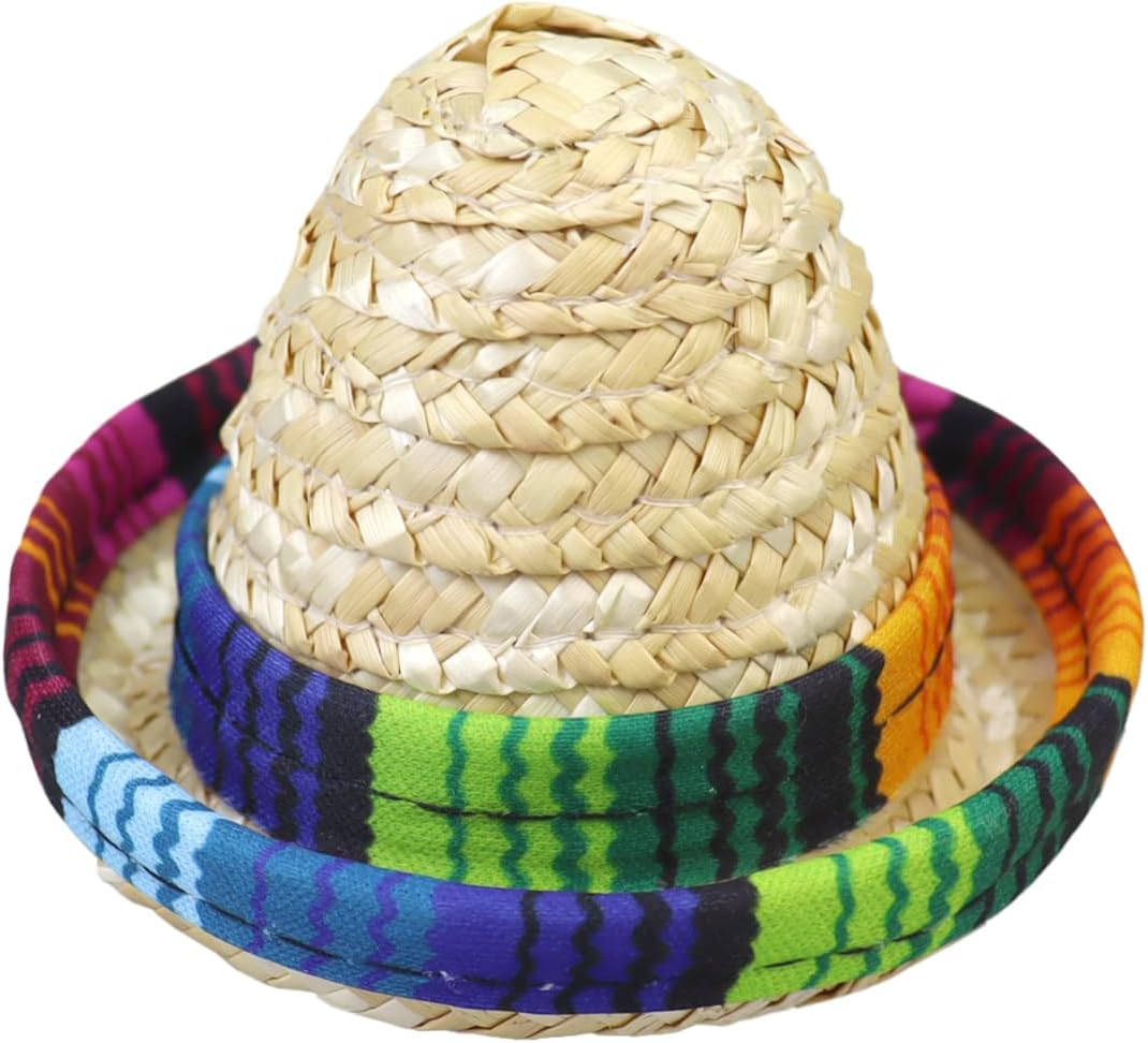 Detailed shot of the miniature pet straw sombrero highlighting the flexible elastic chin strap for secure fit.