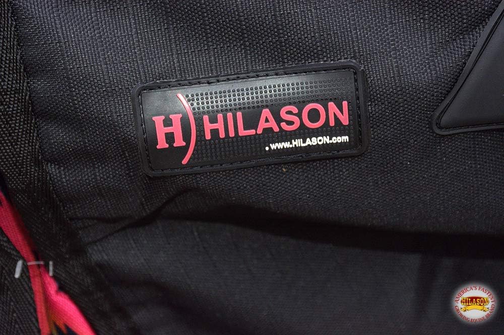 Hilason equestrian winter horse blanket side view highlighting the double buckle front closure hardware.