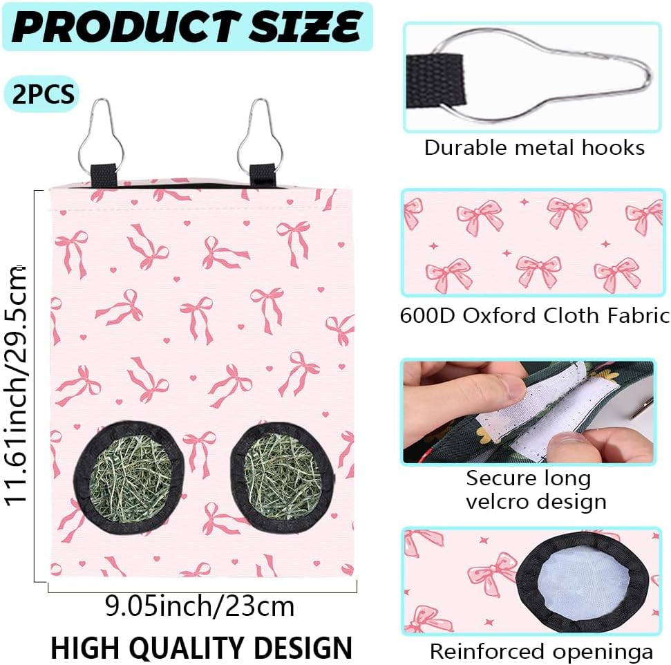 2Pcs 2 Styles Small Pet Hanging Hay Bag Pink Hay Feeder Bag with 2 Holes Bowknot Pattern Cloth Washable Rectangle Feeding Storage for Rabbit Chinchillas Hamsters Guinea Pigs 12 x 9 Inch - Image 2