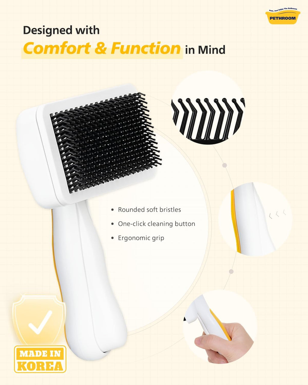 One touch hair removal button mechanism on PETHROOM slicker brush