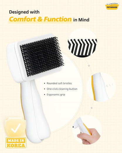 One touch hair removal button mechanism on PETHROOM slicker brush