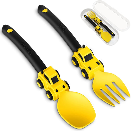 Deinyi construction toddler utensils set featuring yellow truck design