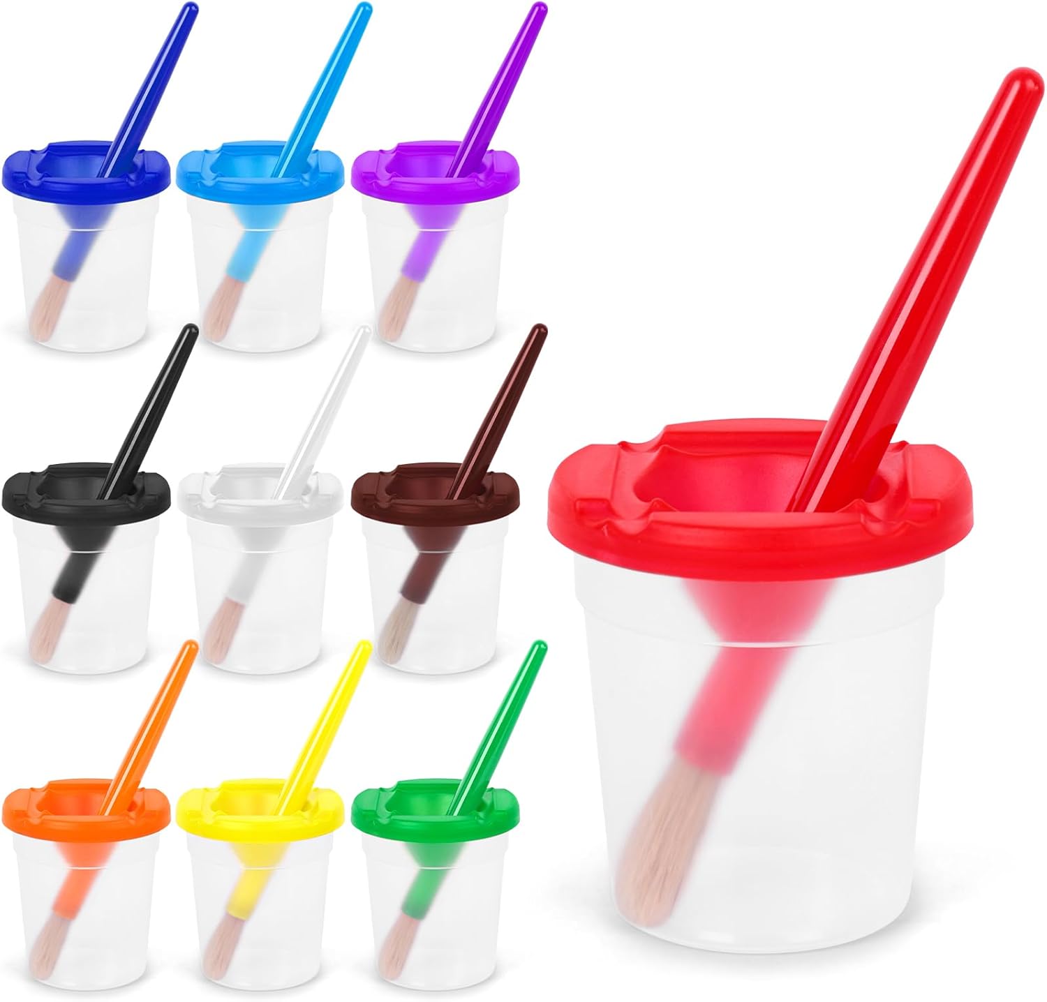 BigOtters paint cups with lids for kids front view showing ten colored containers and brushes.