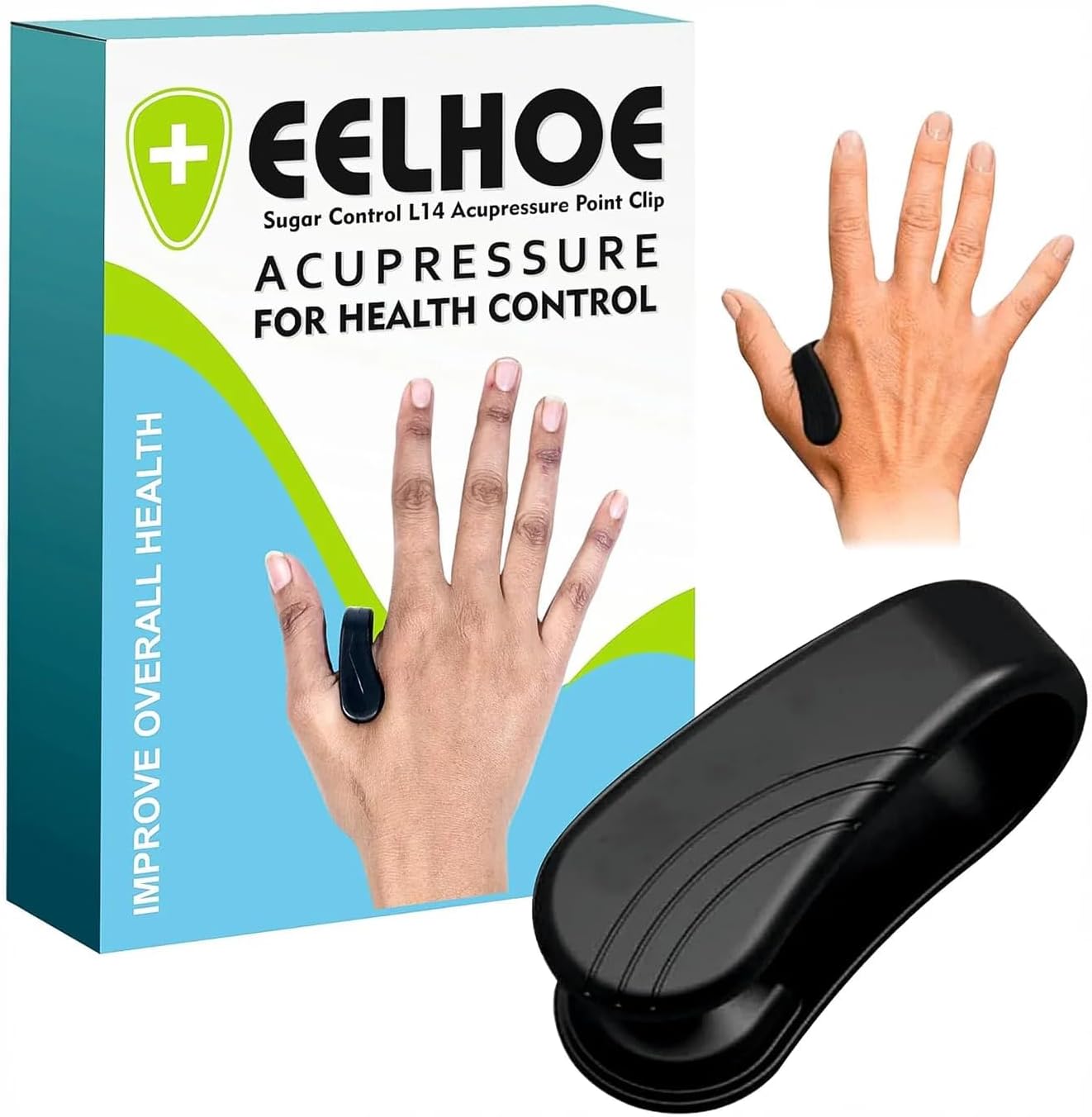 Cheferyn Sugar Control LI4 Acupressure Point Clip front view showing black plastic wearable design for targeted hand massager relief