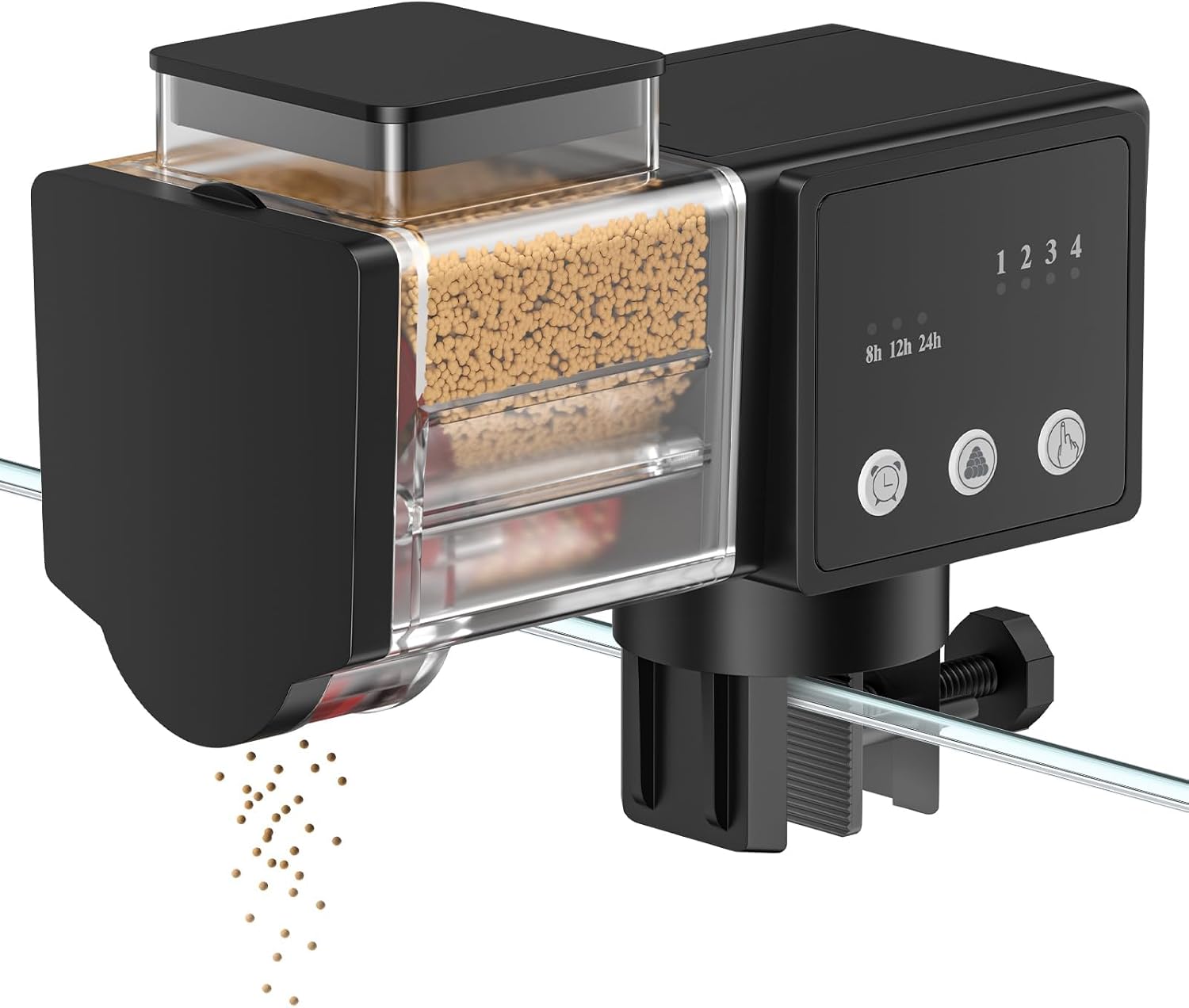 Pawfly automatic fish feeder front view showing eighty-five milliliter container.
