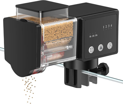 Pawfly automatic fish feeder front view showing eighty-five milliliter container.