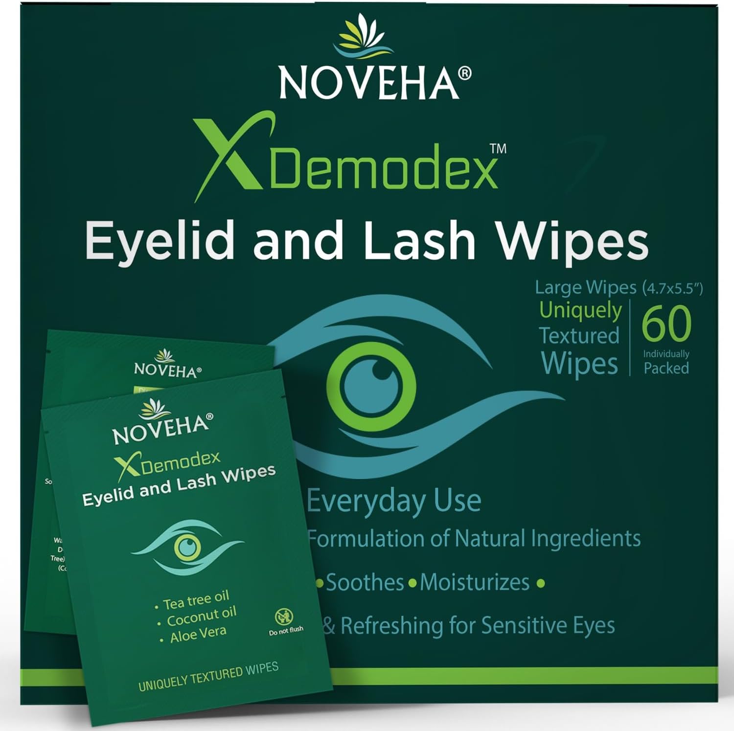 NOVEHA Demodex Eyelid and Lash Wipes 60 count box for eye irritation relief