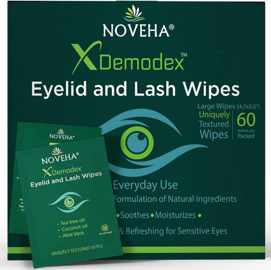 NOVEHA Demodex Eyelid and Lash Wipes 60 count box for eye irritation relief