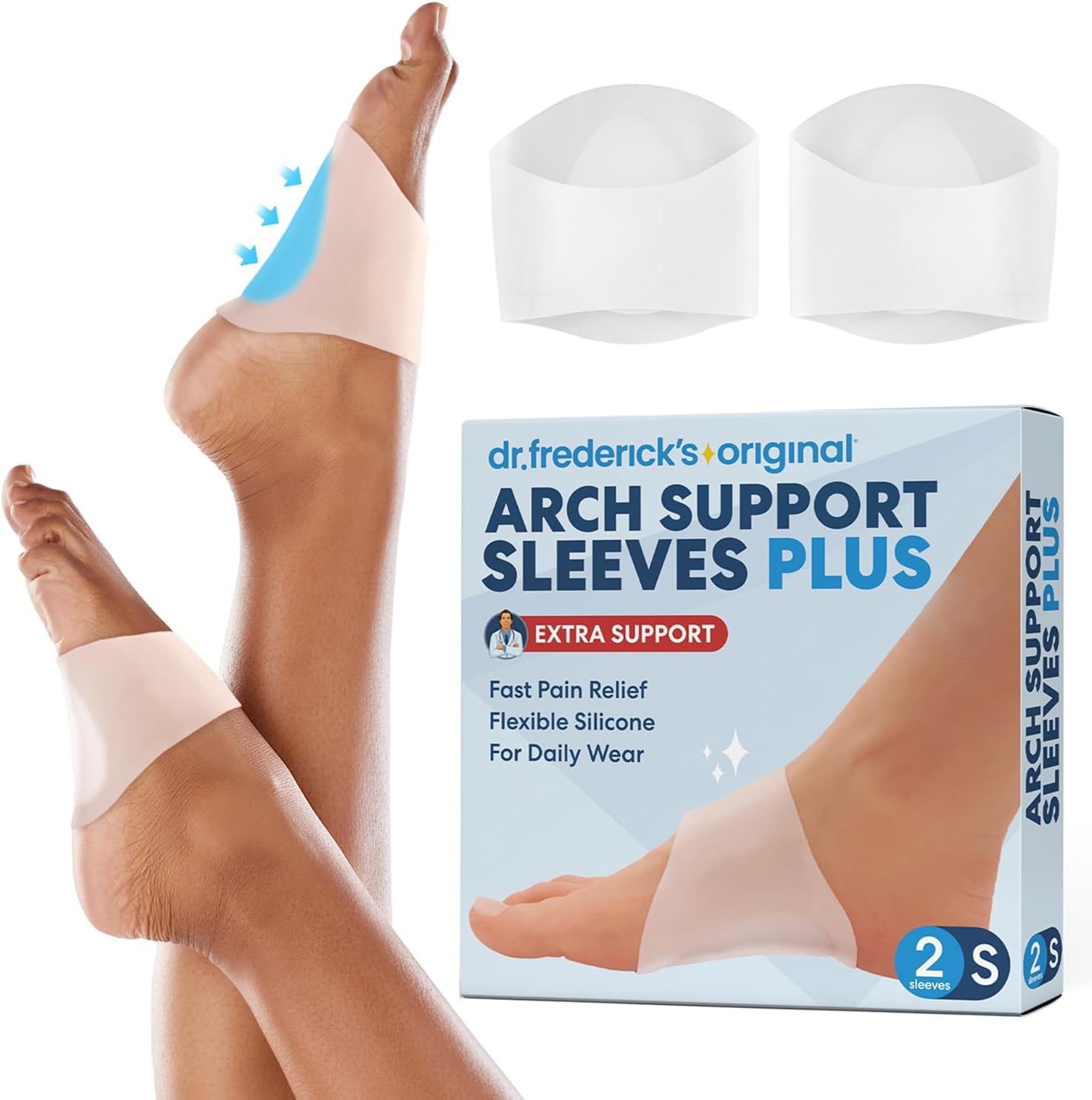 Dr. Frederick's Original Arch Support Sleeves Plus front view showing gel cushion for plantar fasciitis relief.