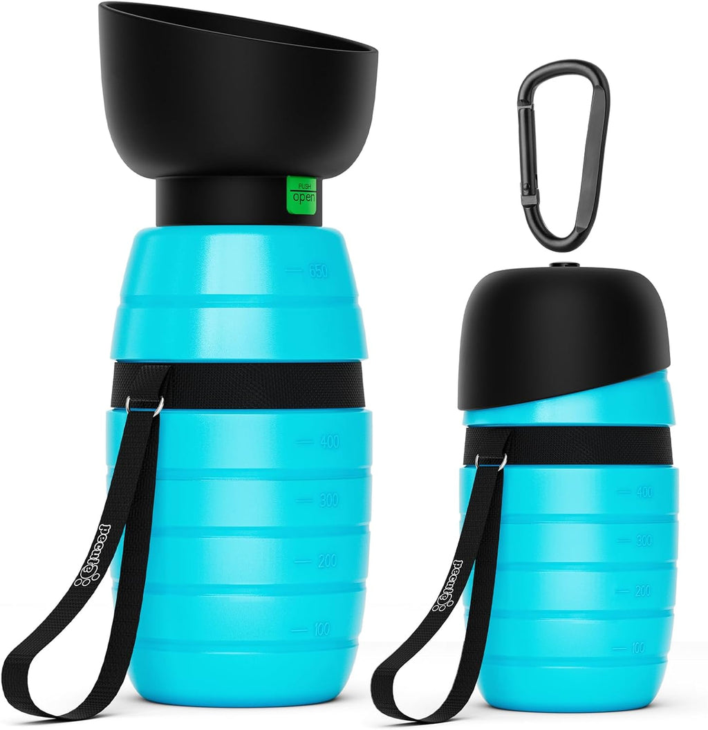 Pecute Portable Dog Water Bottle front view showing the blue 22 Ounce container and folded silicone bowl.