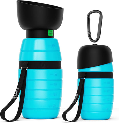 Pecute Portable Dog Water Bottle front view showing the blue 22 Ounce container and folded silicone bowl.