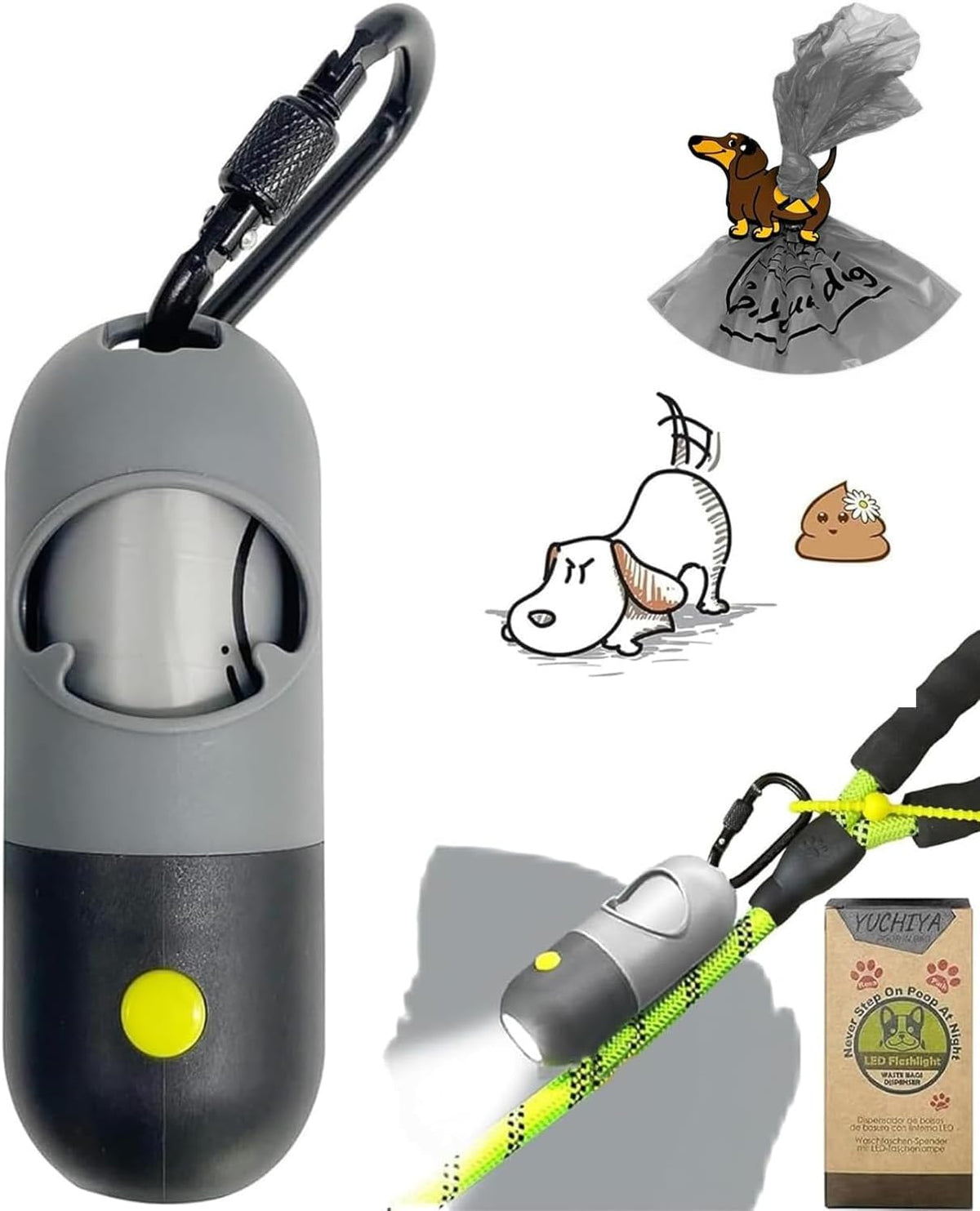 Hands free pet poop bag holder attached to a fabric dog training lead leash.