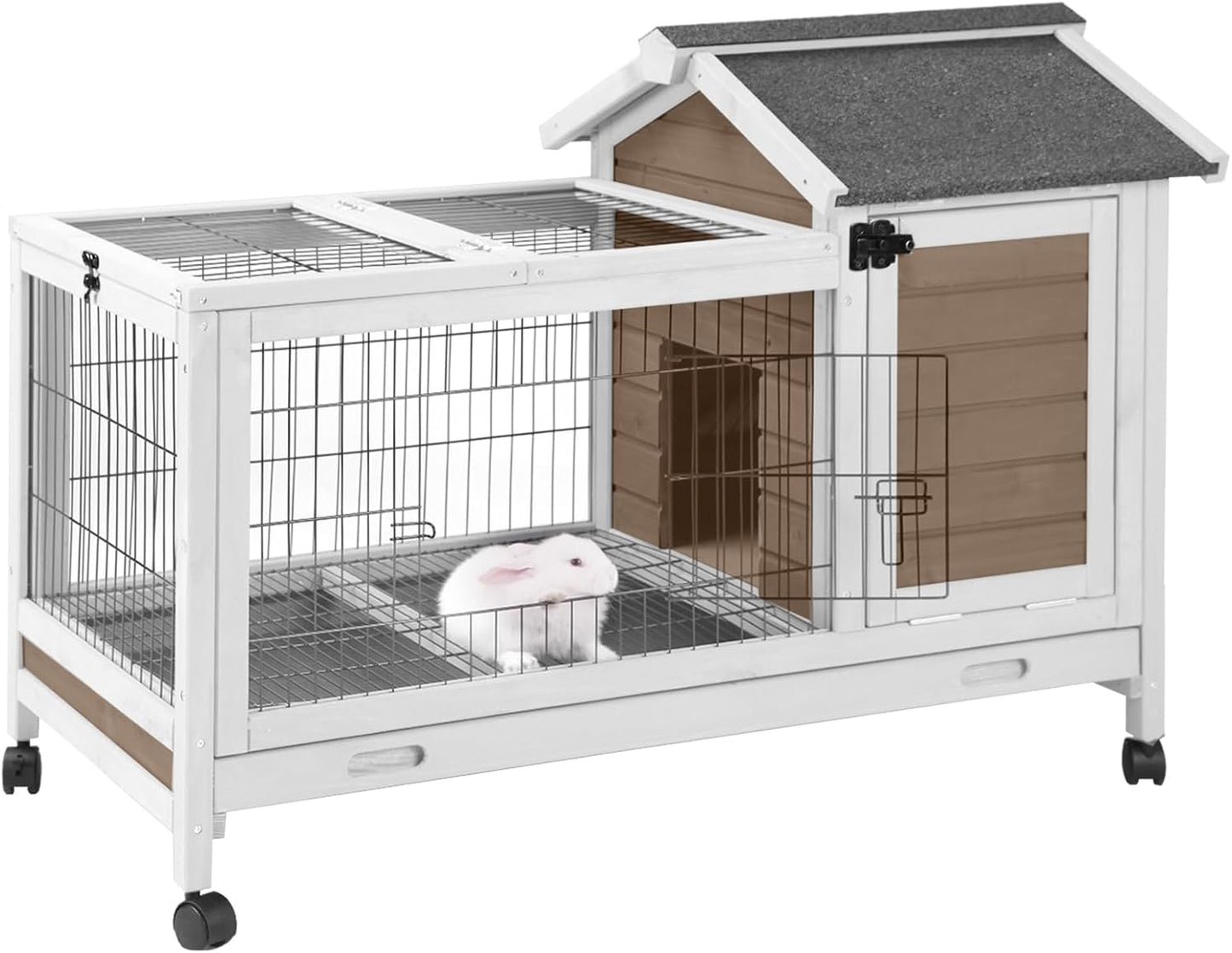Wooden Rabbit Hutch Indoor and Outdoor, Rabbit Cage with Removable Wire Netting and Leak Proof Tray, Mobile Bunny Cage with Wheels (Brown) - Image 1