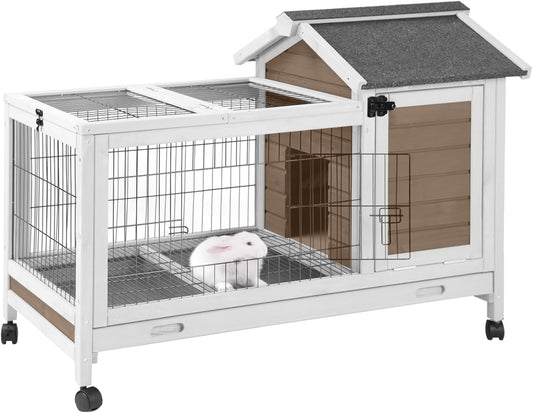 Wooden Rabbit Hutch Indoor and Outdoor, Rabbit Cage with Removable Wire Netting and Leak Proof Tray, Mobile Bunny Cage with Wheels (Brown) - Image 1