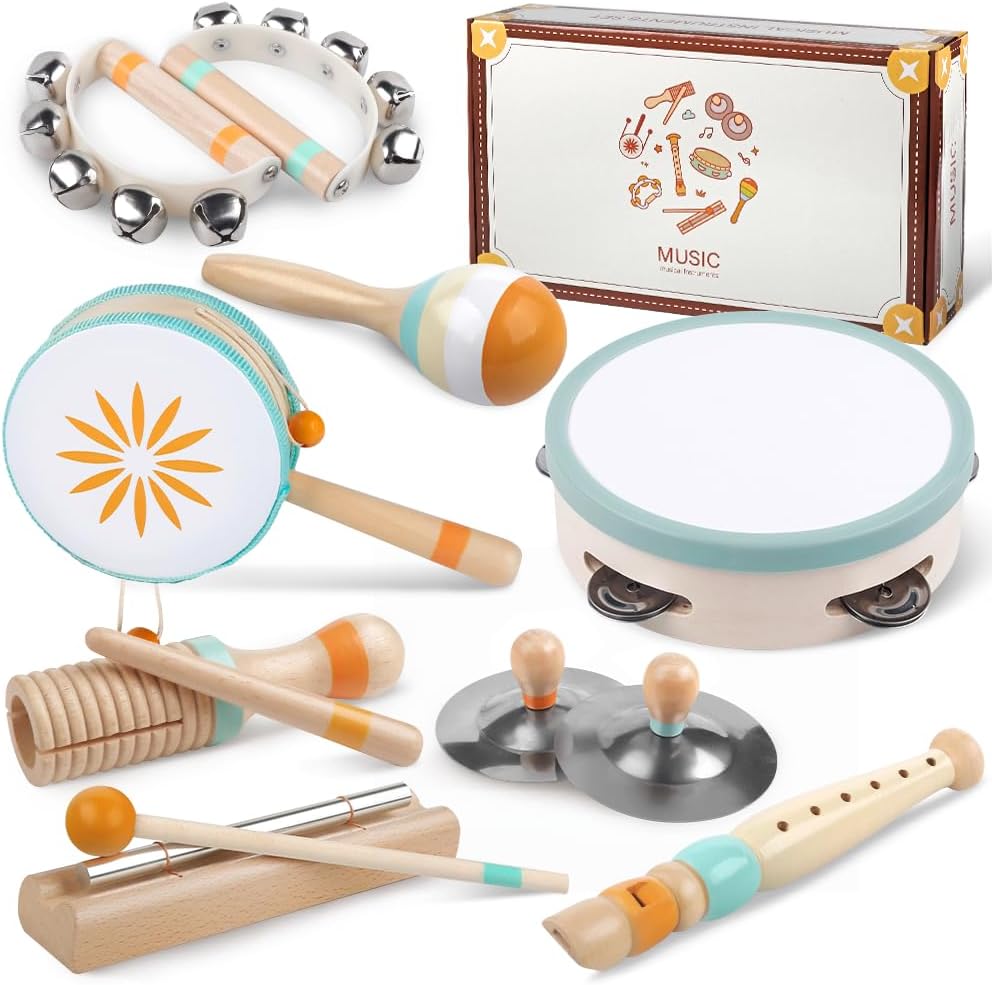 Meytccve toddlers montessori wooden musical instruments set front view showing nine piece percussion collection