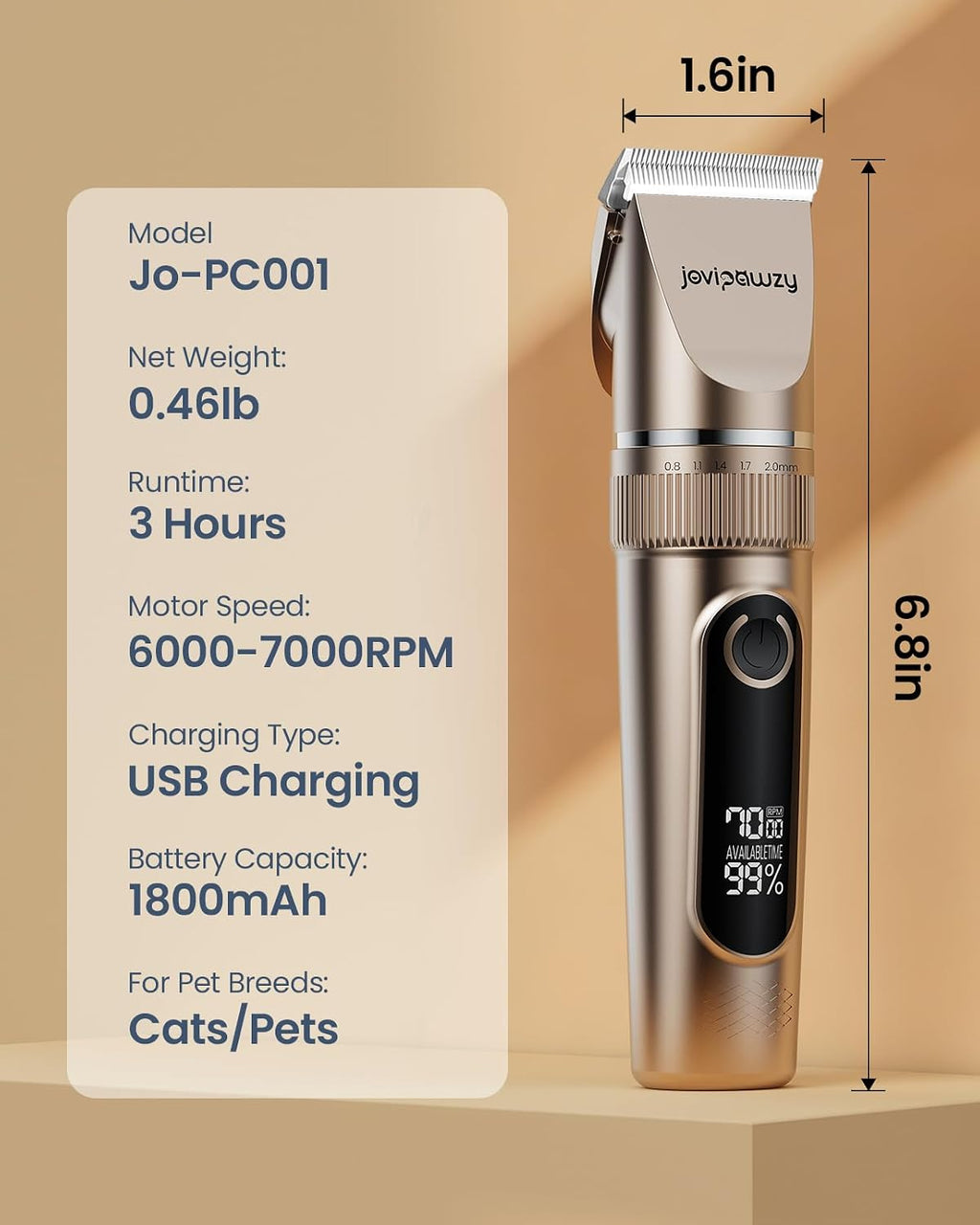 Two speed pet grooming clipper showing the USB charging port connection.