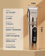 Two speed pet grooming clipper showing the USB charging port connection.