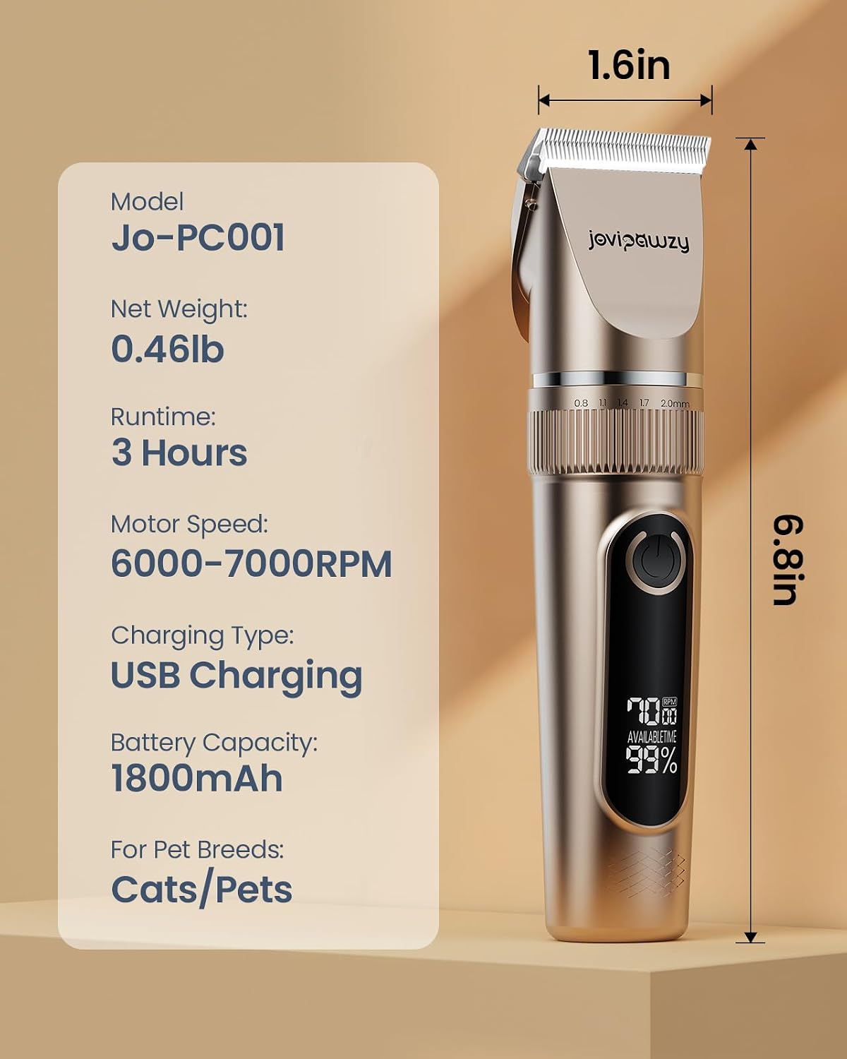 Two speed pet grooming clipper showing the USB charging port connection.