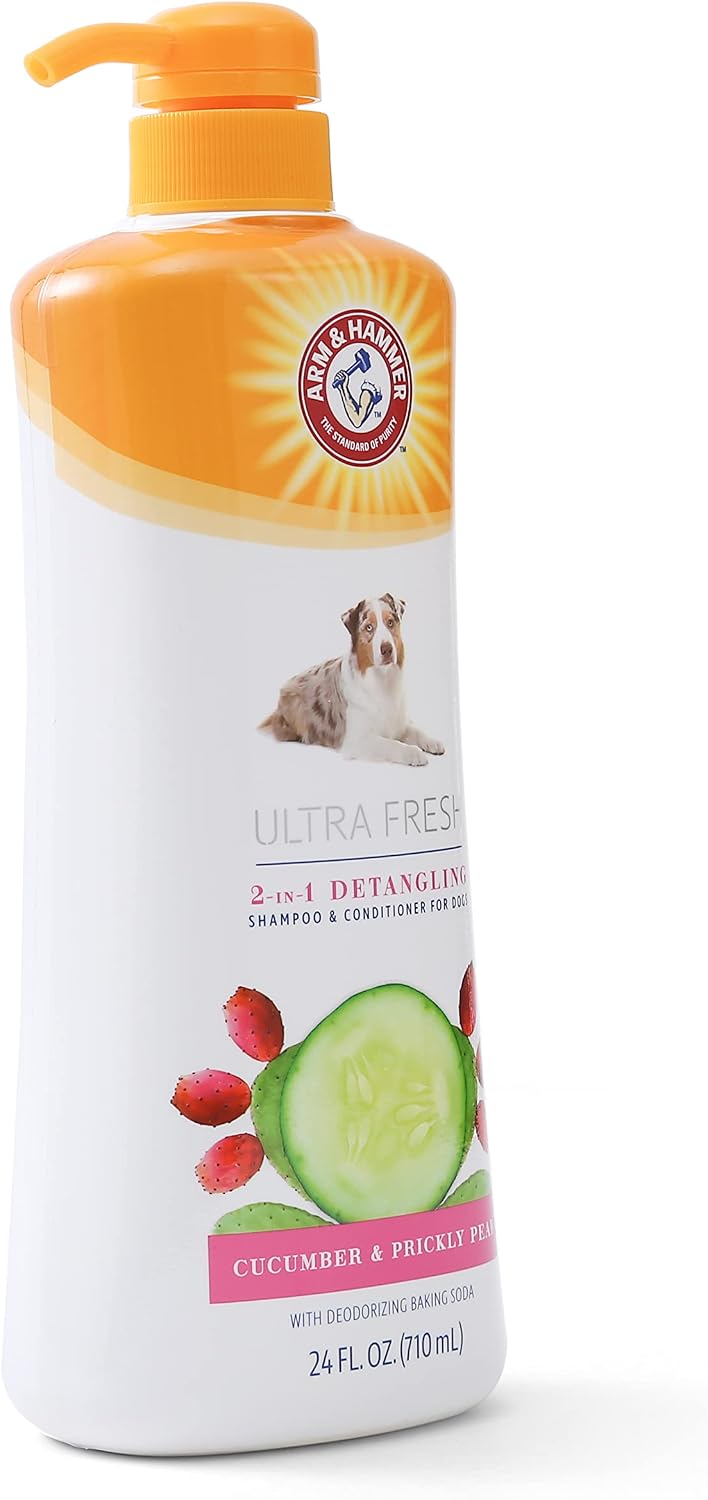 Arm And Hammer pet grooming shampoo and conditioner with cucumber and prickly pear scent.