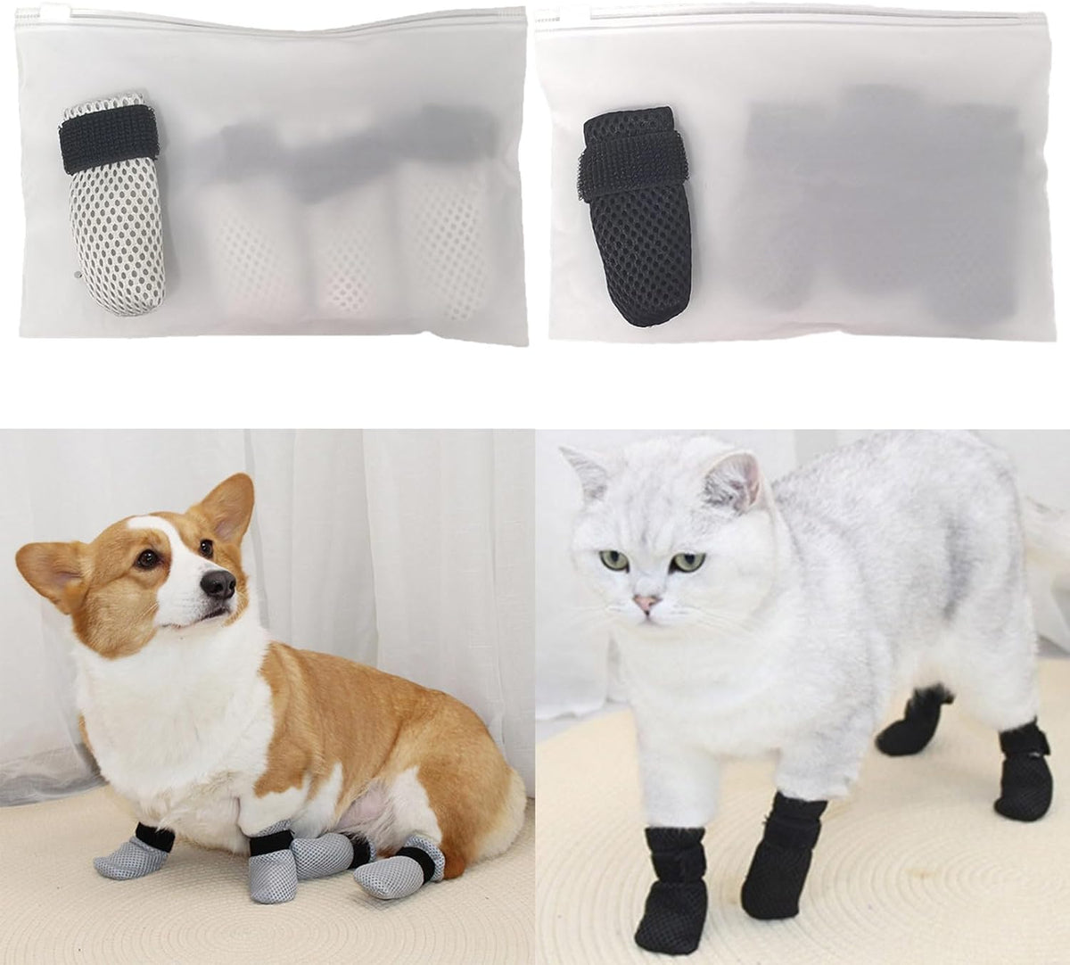 Adjustable elastic band closure on anti scratch cat boots.