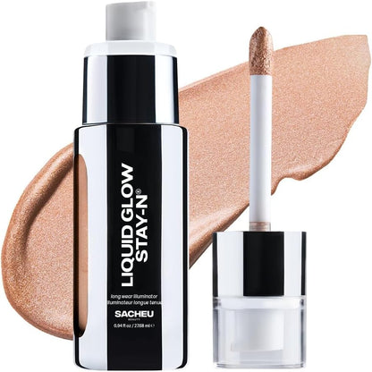 Sacheu Liquid Glow STAY-N Highlighter Glow Getter front view metallic silver bottle for radiant makeup look