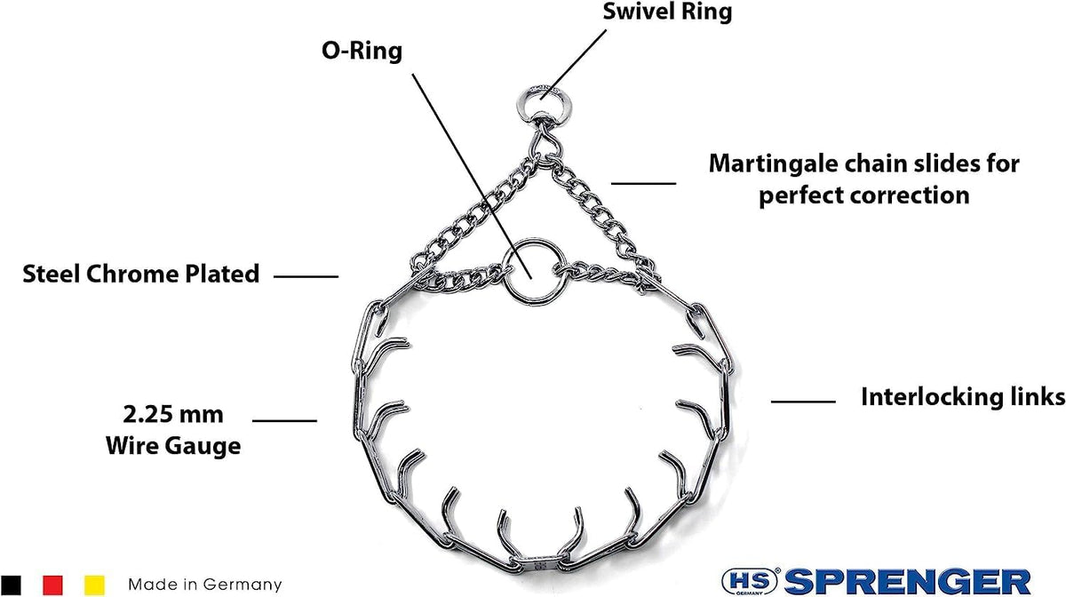 Herm Sprenger chrome plated steel pinch collar close up of interlocking links