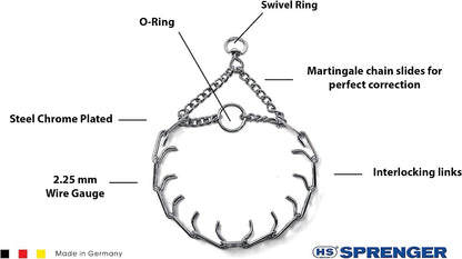 Herm Sprenger chrome plated steel pinch collar close up of interlocking links