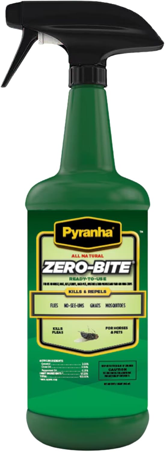 Pyranha 32 ounce horse spray bottle design highlighting the triple action formula banner