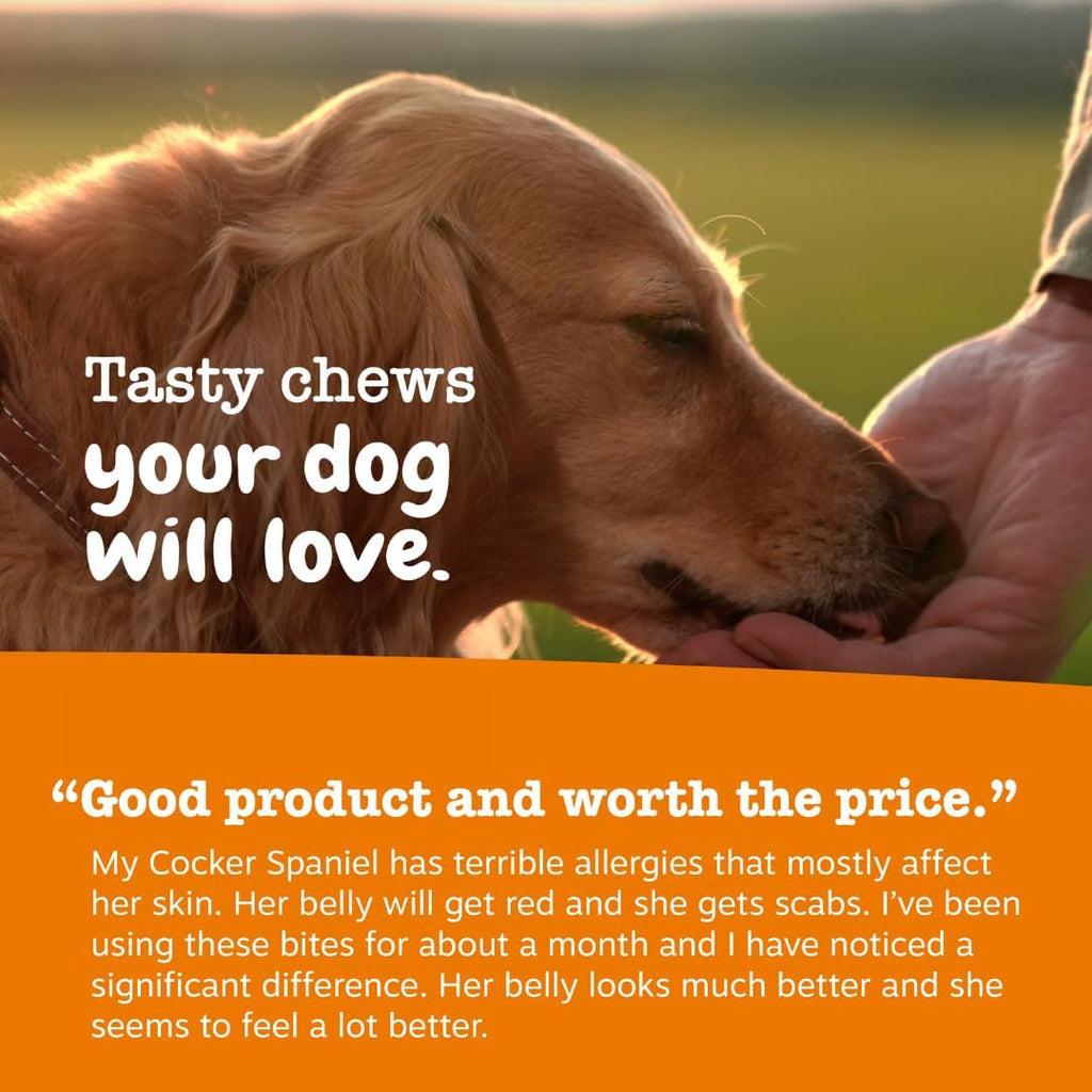Zesty Paws allergy immune supplement container with weight based feeding guide instructions.