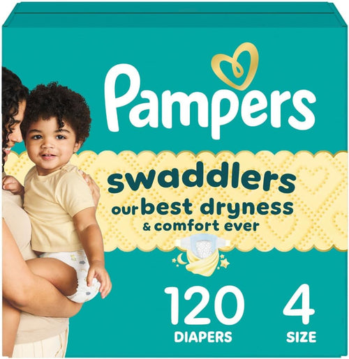 Pampers Swaddlers Disposable Baby Diapers Size Four front view pack of 120 count