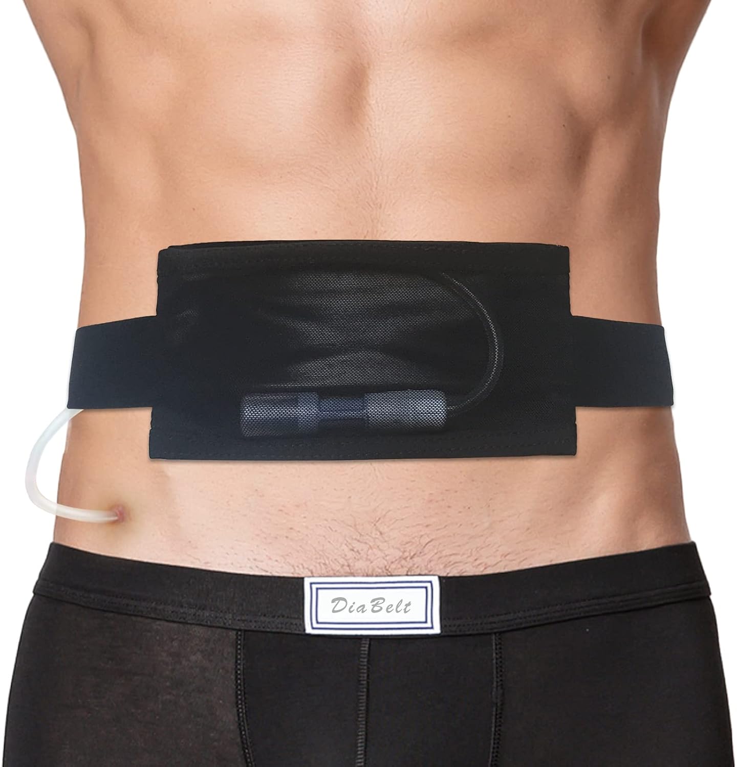 DiaBelt breathable peritoneal dialysis belt front view showing black elastic abdominal band and secure mesh pocket closure