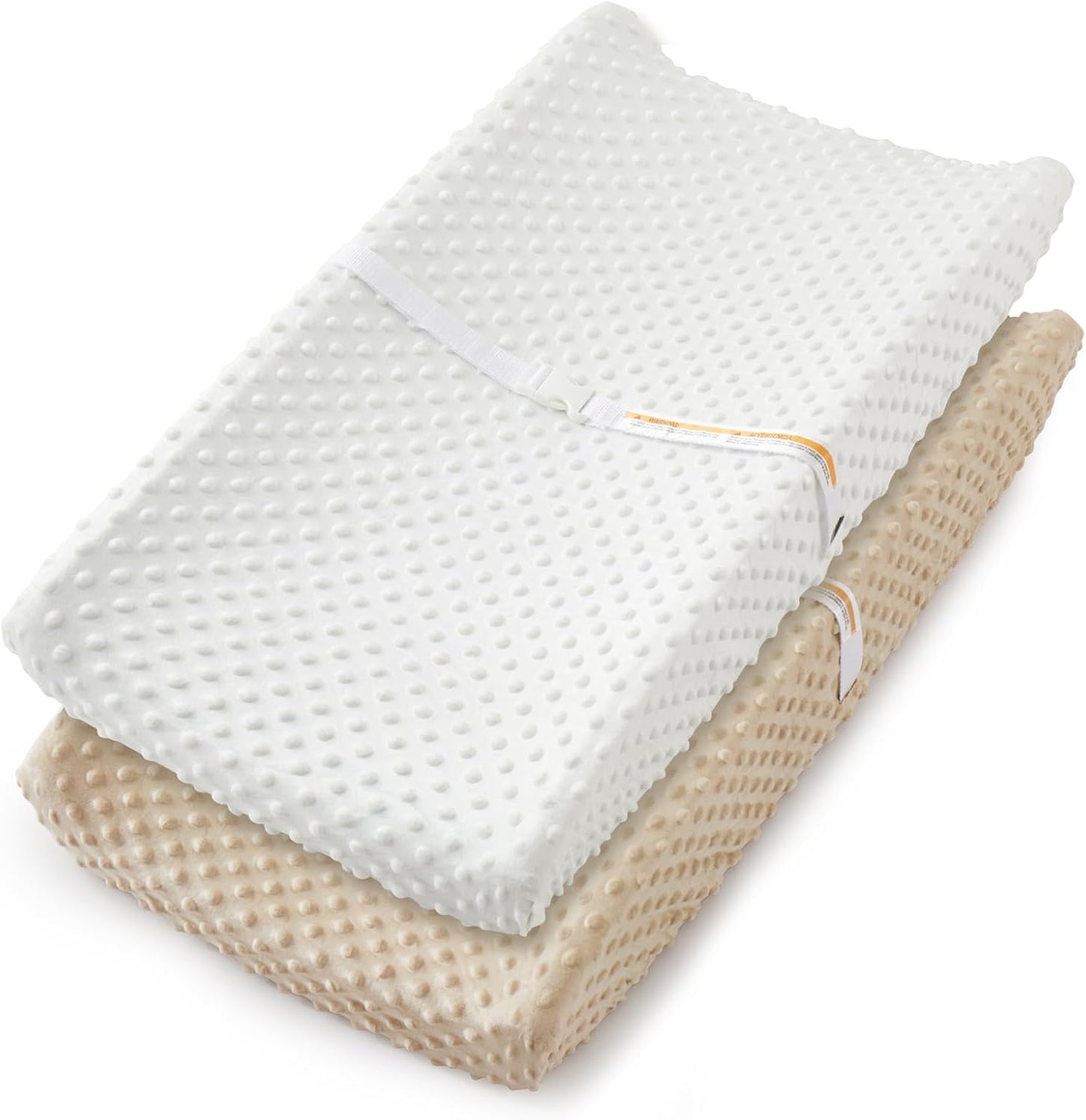 Homiest 2 pack changing pad cover front view showing white and beige minky dot sheets