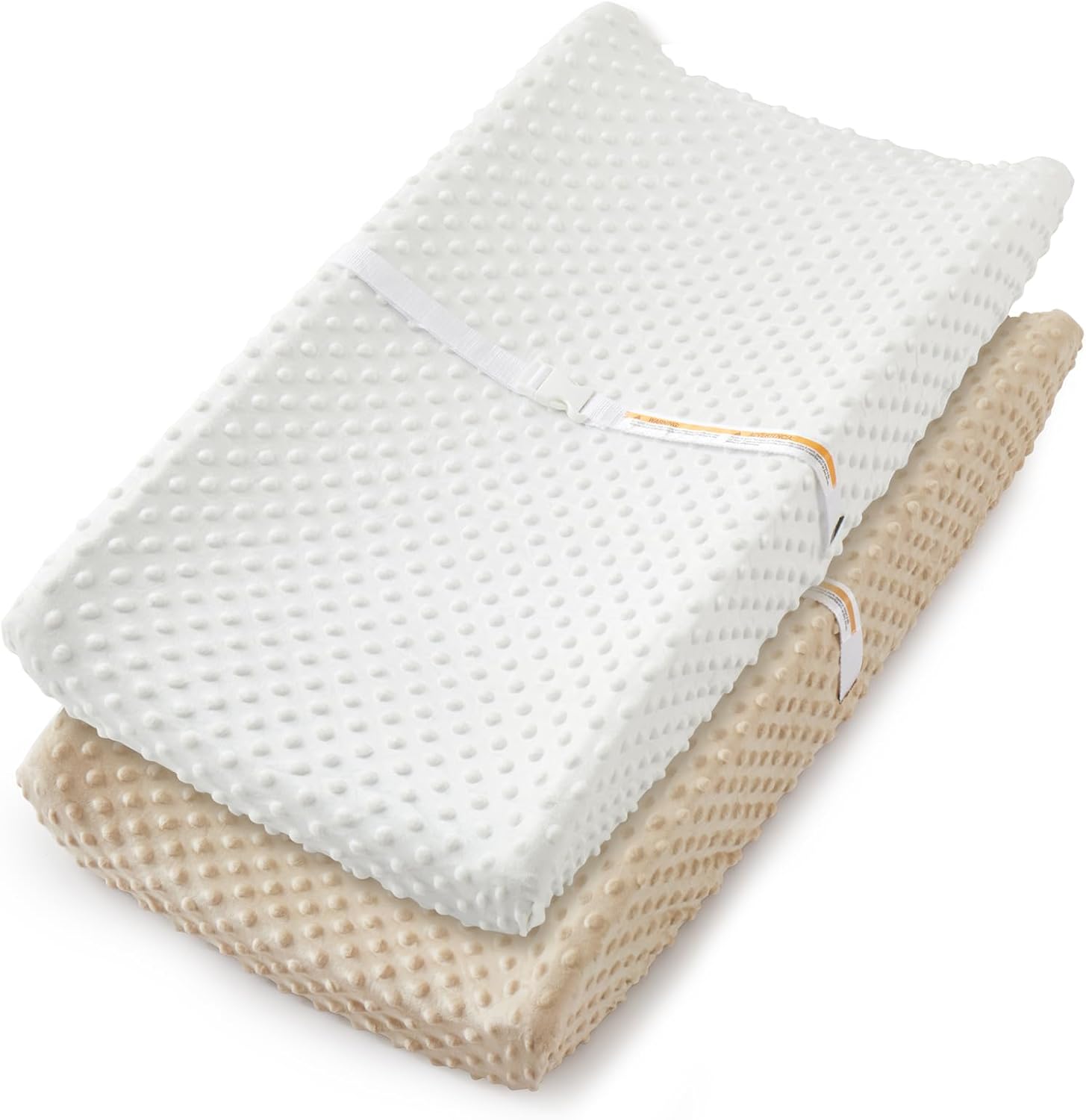 Homiest 2 pack changing pad cover front view showing white and beige minky dot sheets