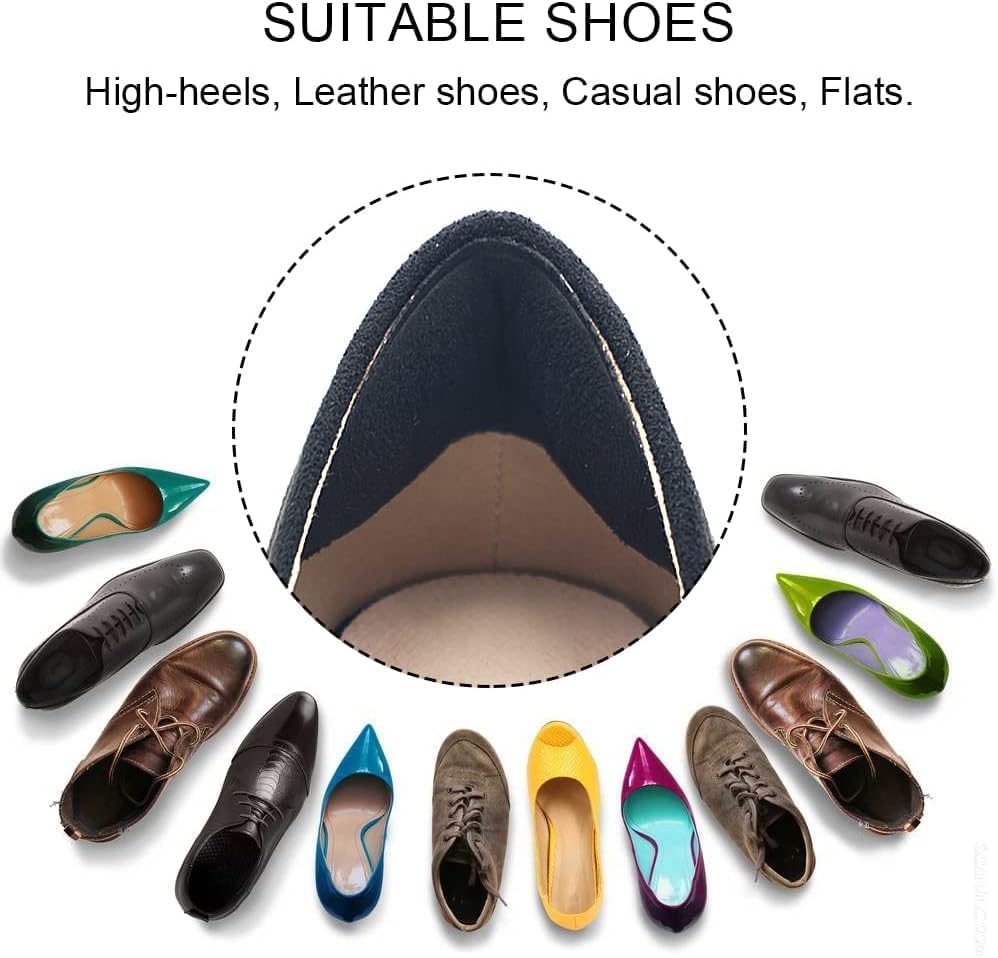 Ergonomic heel cushion application inside a leather dress shoe for better fit.