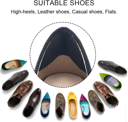Ergonomic heel cushion application inside a leather dress shoe for better fit.