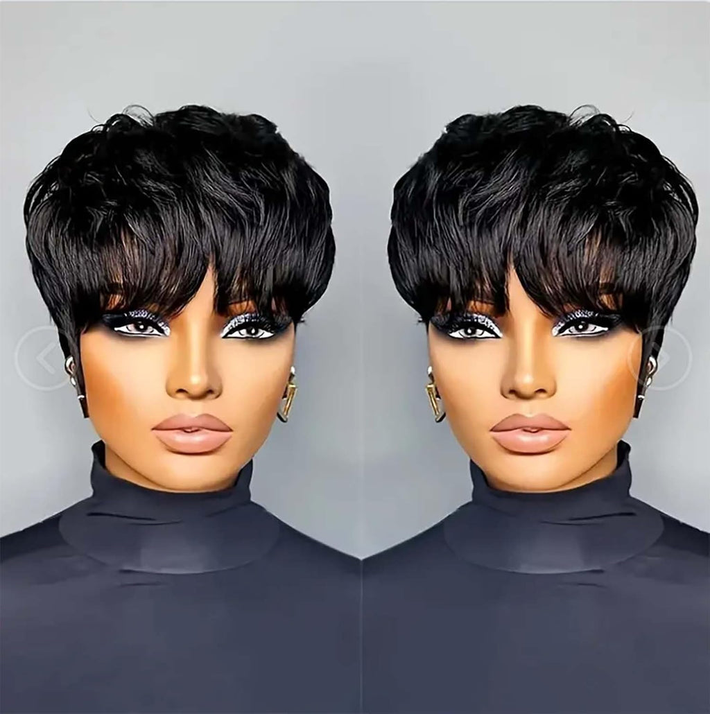 Flandi pixie cut human hair wig front view showing short layered straight black style with flat bangs.
