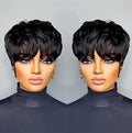 Flandi pixie cut human hair wig front view showing short layered straight black style with flat bangs.