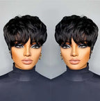 Flandi pixie cut human hair wig front view showing short layered straight black style with flat bangs.